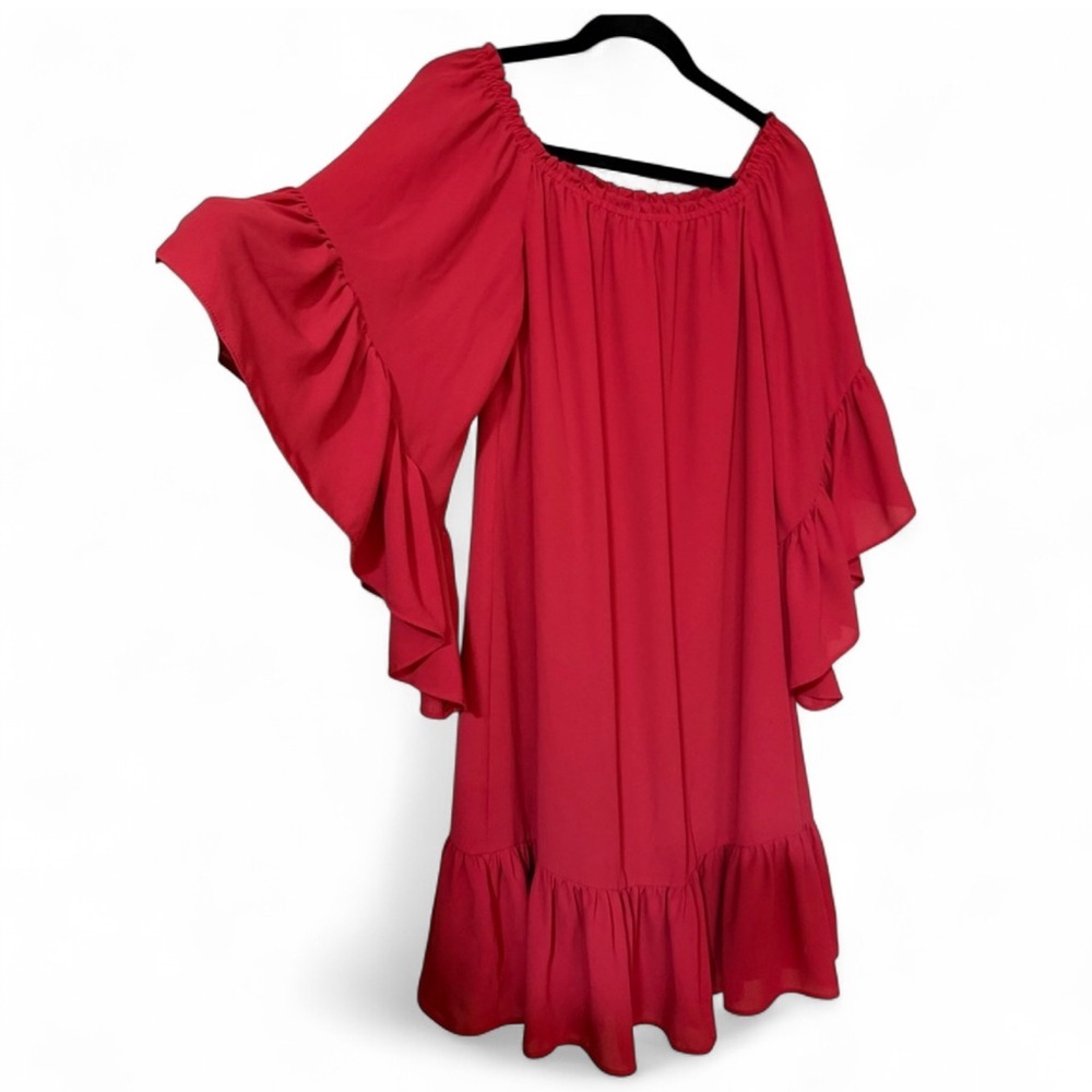 White House Black Market Red Off-The-Shoulder Ruffle Sleeve Dress Size M - Picture 10 of 11